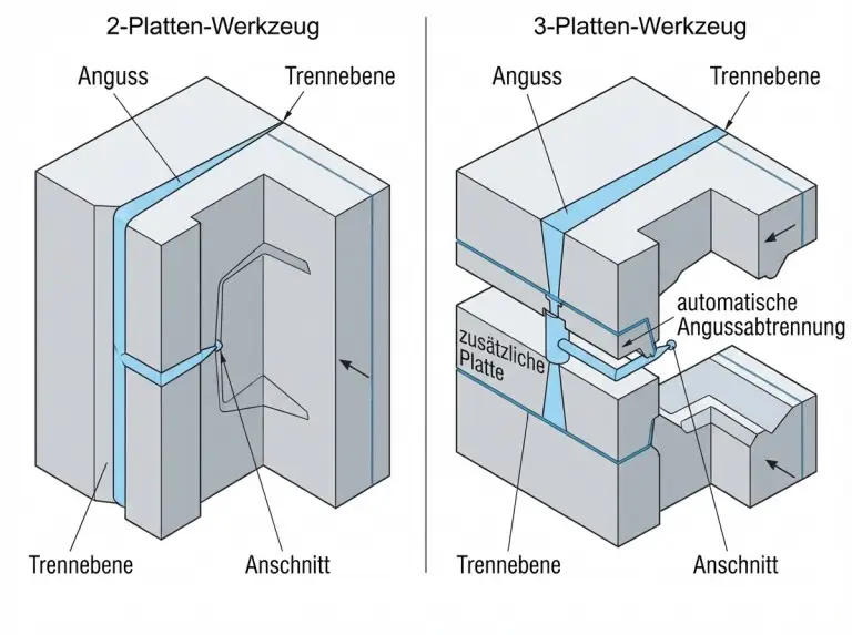 Vergleich von 2- und 3-Platten-Spritzgusswerkzeugen mit Trennebene und automatischer Angussabtrennung