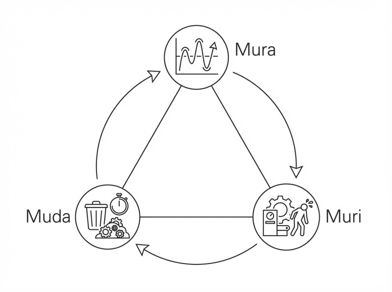 Dreiecksdiagramm erklärt Muda, Mura und Muri als Ursachen von Verschwendung