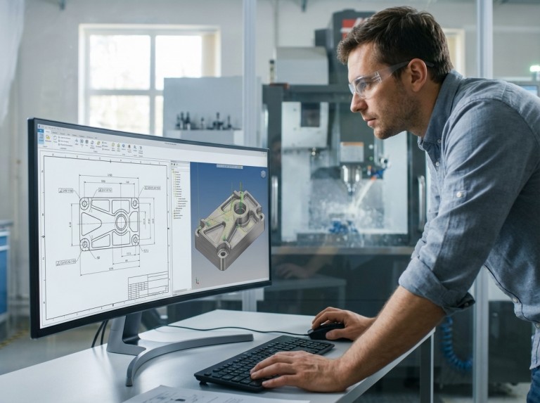 Ingenieur prüft im CAD-Programm eine 2D-Zeichnung und ein 3D-Modell in einer CNC-Umgebung
