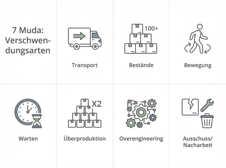 Icon-Übersicht der sieben Verschwendungsarten (7 Muda) in der Lean Production