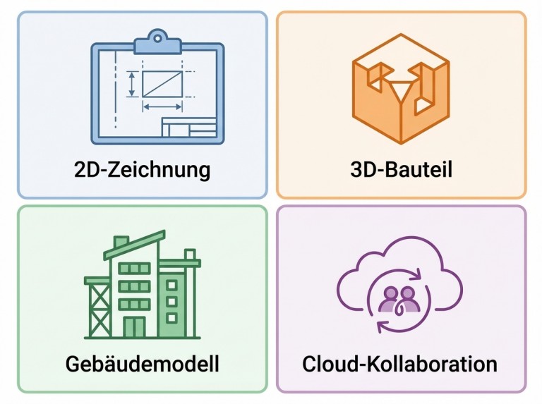 Vier Kacheln zeigen 2D-CAD, 3D-MCAD, BIM-nahe CAD und Cloud-CAD mit typischen Einsatzsymbolen.