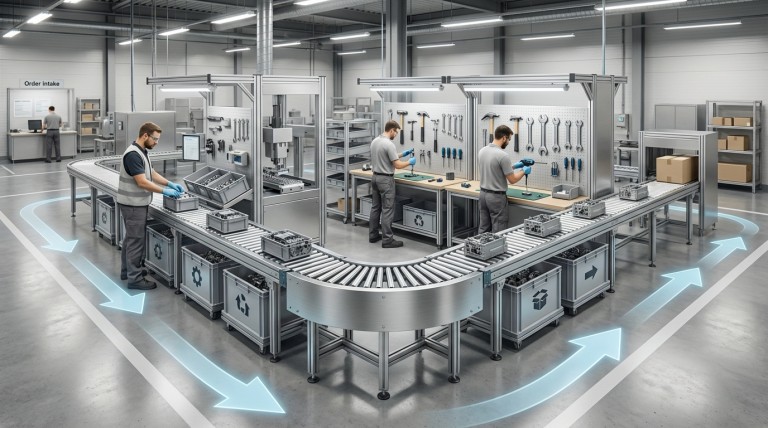 Moderne Produktionslinie mit sichtbarem Materialfluss und geordneten Arbeitsplätzen