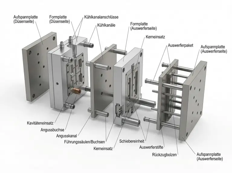 Explosionsansicht eines Spritzgusswerkzeugs mit Formeinsätzen, Angusssystem, Kühlkreisen, Auswerferpaket und Schieber