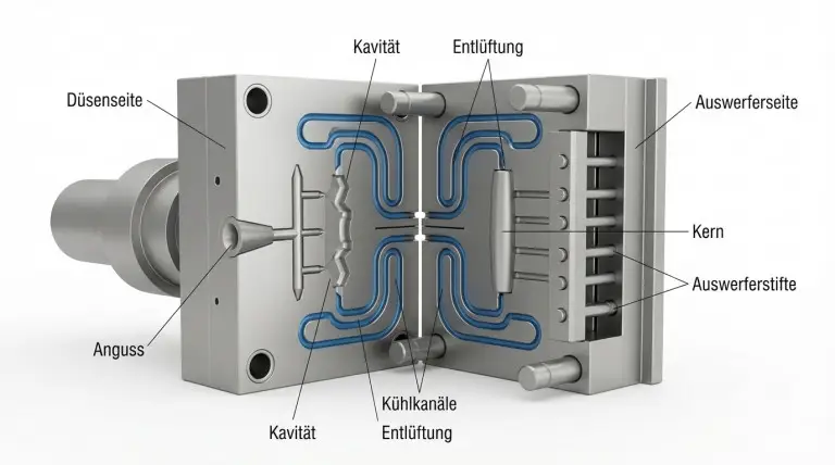 Querschnitt eines Spritzgusswerkzeugs mit Düse, Kern/Kavität, Anguss, Kühlung, Entlüftung und Auswerfern
