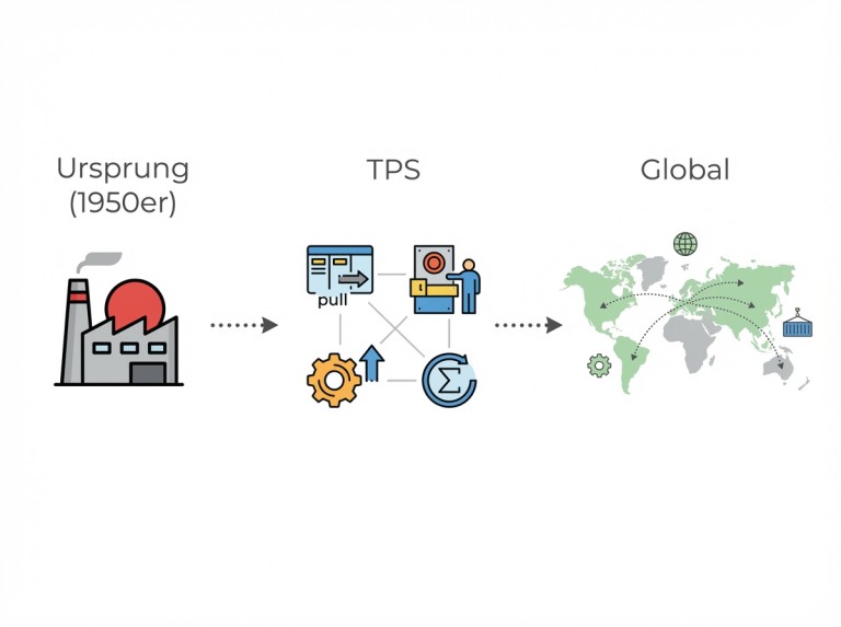 Infografik zeigt Zeitlinie vom TPS der 1950er Jahre zur globalen Nutzung von Lean Production