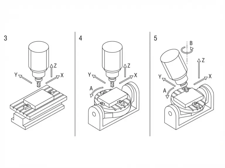 3-Achs-, 4-Achs- und 5-Achs-CNC-Fräsen mit Achspfeilen und Werkzeuganstellung