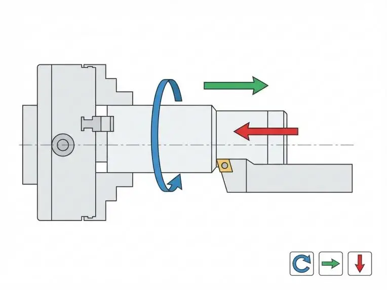 Drehprozess Rotation, Vorschub und Zustellung