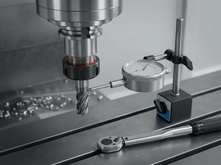 Rundlaufprüfung eines Aluminiumfräsers an der Werkzeugaufnahme der CNC-Spindel