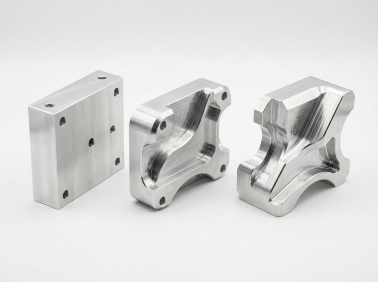 Drei CNC-Teile mit unterschiedlicher Geometriekomplexität