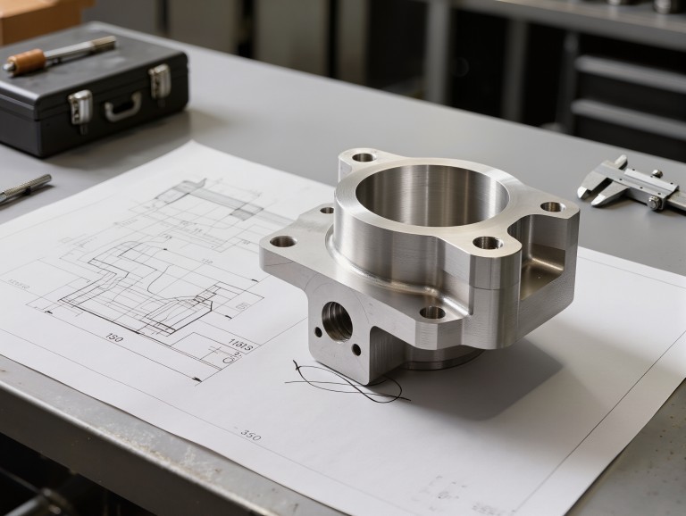 Technische Zeichnung mit Toleranzangaben neben einem CNC-Prototyp aus Aluminium