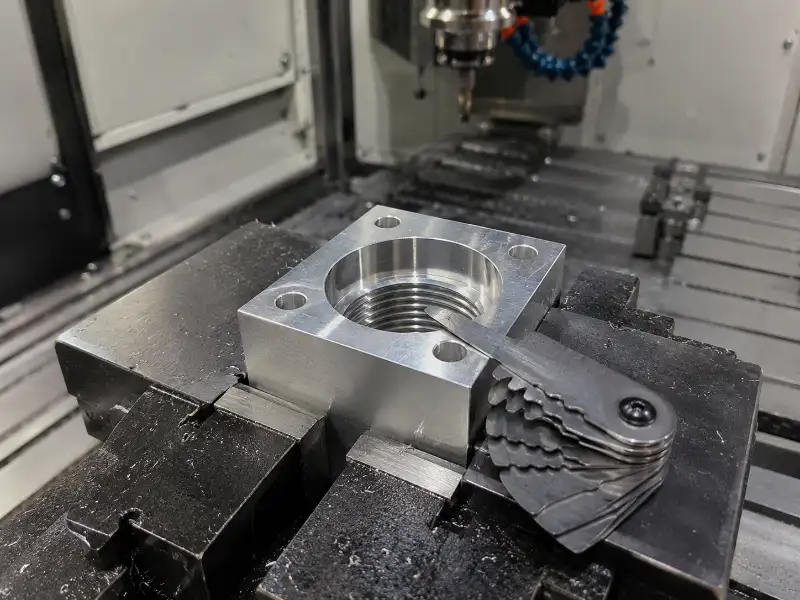 Mit einer Gewindelehre geprüftes metrisches Innengewinde an einem CNC-gefertigten Aluminiumbauteil