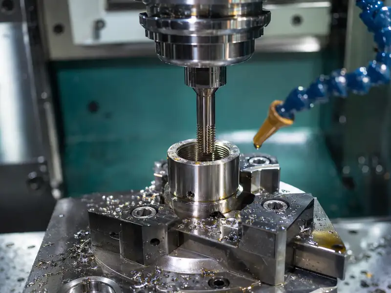 Gewindebohrer schneidet metrisches Feingewinde in dünnwandiges Edelstahl-Drehteil auf CNC-Maschine