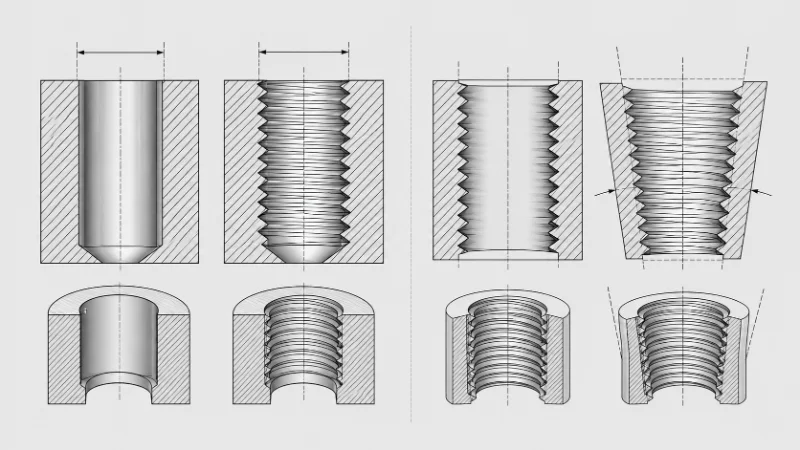 Schematischer Querschnitt von Kernloch und fertigem Innengewinde sowie Vergleich von zylindrischem G/Rp- und kegeligem Rc-Rohrgewinde