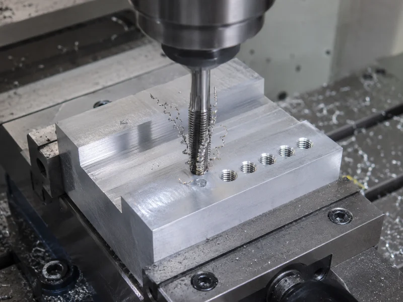 Gewindeschneiden eines Innengewindes in ein CNC-Frästeil aus Aluminium, Kernloch und Gewindebohrer im Eingriff