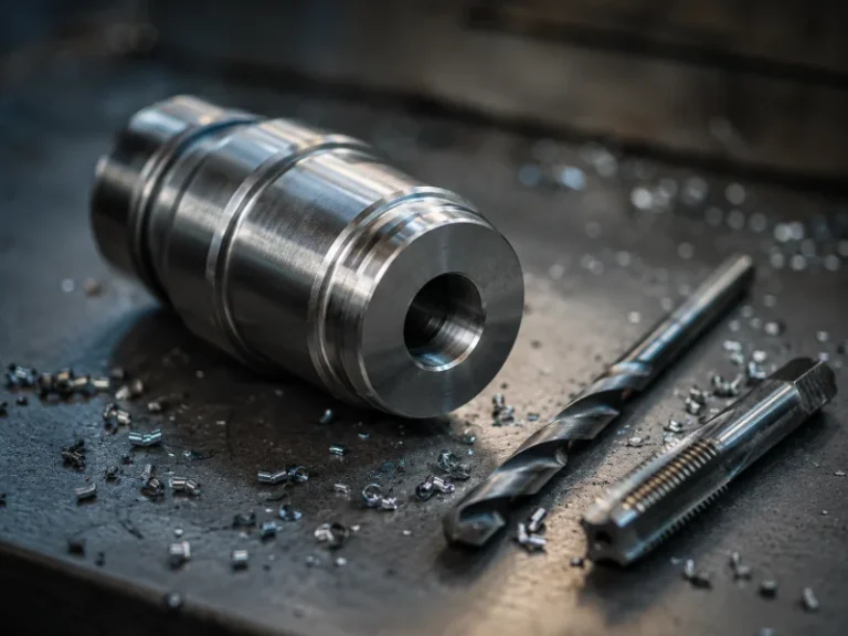 CNC-Drehteil aus Stahl mit gebohrtem Kernloch M8 vor dem Gewindeschneiden, Bohrer 6,8 mm im Vordergrund